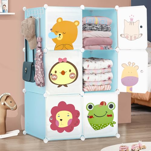 ABOUT SPACE Kids Wardrobe - DIY 6 Cube Kids Almirah with Cartoon Door, Side Hanger, Door Magnet & Hamer - Collapsible Baby Clothes Organizer for Bedroom | Storage for Baby Clothes Boys Girls - Blue