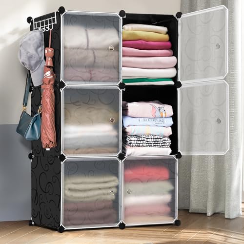 ABOUT SPACE Collapsible Wardrobe - DIY 6 Cube Plastic Almirah for Clothes with Doors, Side Hanger, Door Magnet & Hamer- Foldable Wardrobe for Storage for Home | Storage Organizer - Black