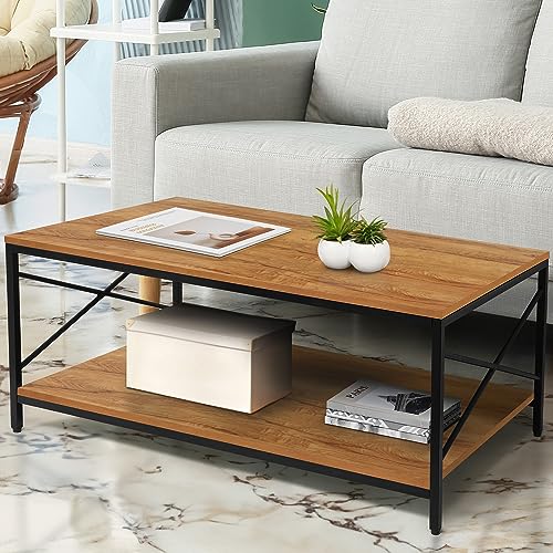 ABOUT SPACE Coffee Table - 2 Tier Space Saving Living Room Furniture - Natural Wood(L 90 x B 45 x H 48 cm)