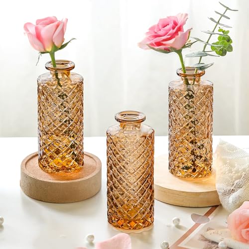 ABOUT SPACE Glass Bud Flower Vase – Pack of 3 Glass Centrepiece Mini Flower Vase -Antique Collections for Wedding Decoration Sturdy Textured Bottle Shaped Table Top Decor for Home, Restaurants - Brown