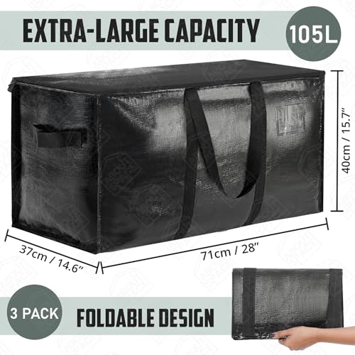 B0DP9SPN1T ABOUT SPACE 3 Pcs Extra Large Moving Bag 105 L Storage Bags for Clothes Large - PP Packing Bags for Shifting- Organizer Bag for Books, Blanket Cover Bag with Wrap Around Handles & Zipper - Black