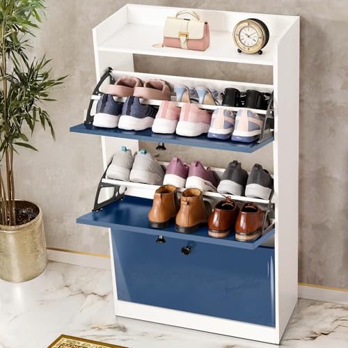 ABOUT SPACE Shoe Rack for Home - 4.5ft 3 Tier Tilt Out Door Semi-UV Gloss Laminate DIY Engineered Wood Shoe Cabinet - Anti-tip Protection Removable Adjustable Panels for 18 - 20 Pairs - Blue & White