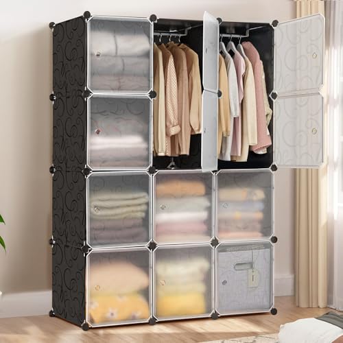 ABOUT SPACE Collapsible Wardrobe - DIY 12 Cube Plastic Almirah for Clothes with Doors, 2 Clothes Hanger, Door Magnet & Hamer- Foldable Wardrobe for Storage for Home | Storage Organizer - Black
