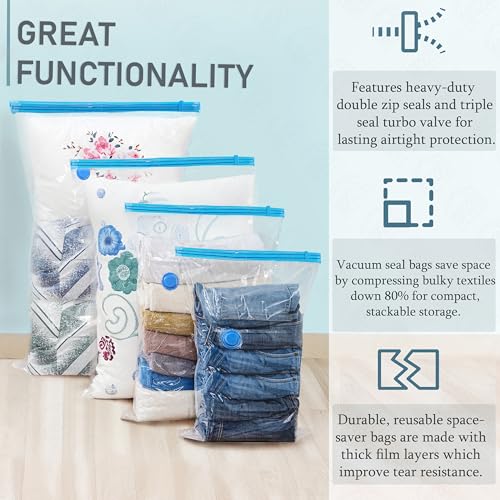 ABOUT SPACE 12 Pack Vacuum Bags for Travel with Electric Pump and Hand Pump (3 Jumbo/3 Large/3 Medium/3 Small)