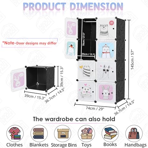 ABOUT SPACE Kids Wardrobe - DIY 8 Cube Kids Almirah with Cartoon Door, Side Hanger, Cloth Hanger, Door Magnet & Hamer - Collapsible Baby Clothes Organizer| Storage for Baby Clothes Boys Girls - Black
