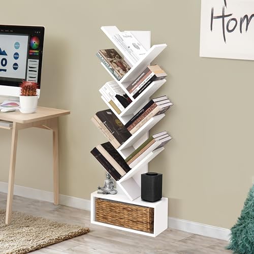 ABOUT SPACE Book Shelf for Home Library - 9-Tier Tree Shaped Book Rack for Study Room DIY Wooden Book Stand with Bottom Storage Space (White - L 45 x B 17 x H 127 cm)