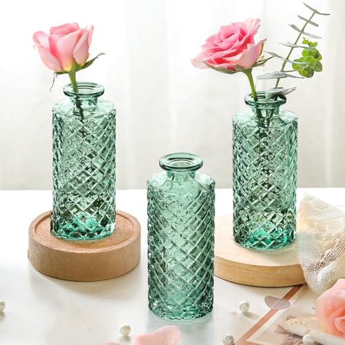 ABOUT SPACE Glass Bud Flower Vase – Pack of 3 Glass Centrepiece Mini Flower Vase -Antique Collections for Wedding Decoration Sturdy Textured Bottle Shaped Table Top Decor for Home, Restaurants - Green