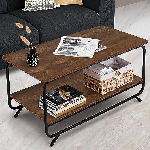ABOUT SPACE Coffee Table - 2 Tier Space Saving Living Room Furniture with Metal Frame & Adjustable Bushes (Brown - L92.5 x B47 x H48 cm)
