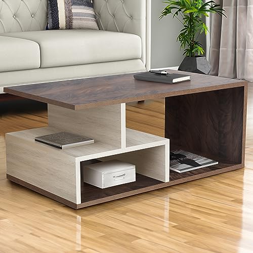 ABOUT SPACE Coffee Table - Portable Wooden Centre Table with Storage & Open Rack (Beige & Walnut - L 101 x B 40 x H 47 cm)