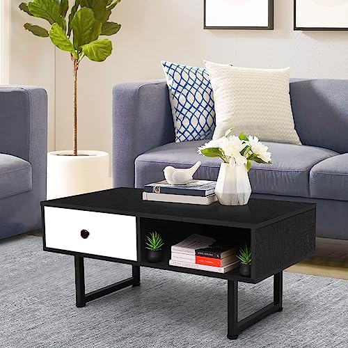 ABOUT SPACE Space Saving Coffee Table for Living Room with Drawer & Storage Compartment with Metal Legs (Lemon Oak - L 92 x B 45 x H 38.5 cm)