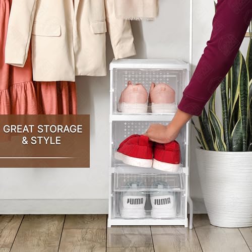 ABOUT SPACE Sneaker Box- 3 Pair Shoe Rack | Collapsible Shoe Organiser With Door-Foldable (White)