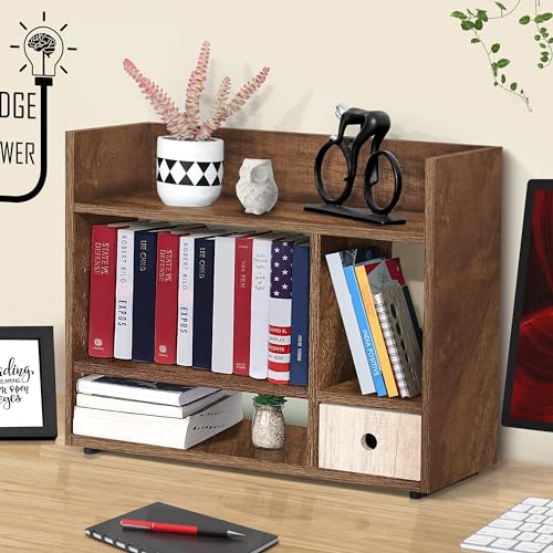 ABOUT SPACE Table Top Bookshelf - Countertop Bookcase with Drawer (Caramel Brown)