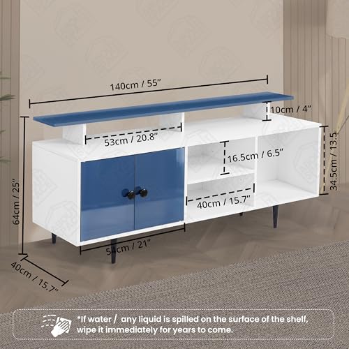 ABOUT SPACE TV Unit - Semi UV Gloss Laminate DIY TV Stand Table with Cable Hole, Cabinet with Door, Adjustable Shelf for WiFi Router Stand -Engineered Wood (Blue & White- L 140 x B 40 x H 64 cm)