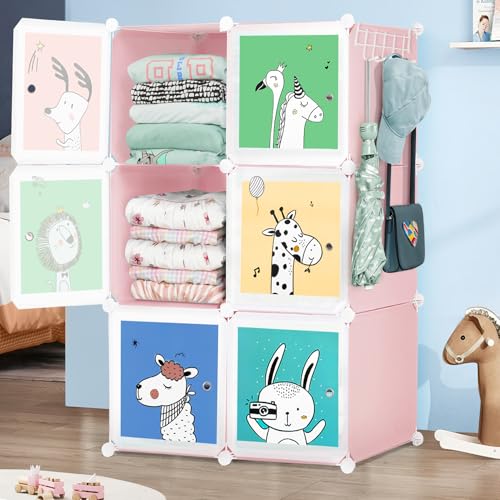 ABOUT SPACE Kids Wardrobe - DIY 6 Cube Kids Almirah with Cartoon Print Door, Side Hanger, Door Magnet & Hamer - Collapsible Baby Clothes Organizer for Bedroom | Storage for Clothes Boys Girls - Pink