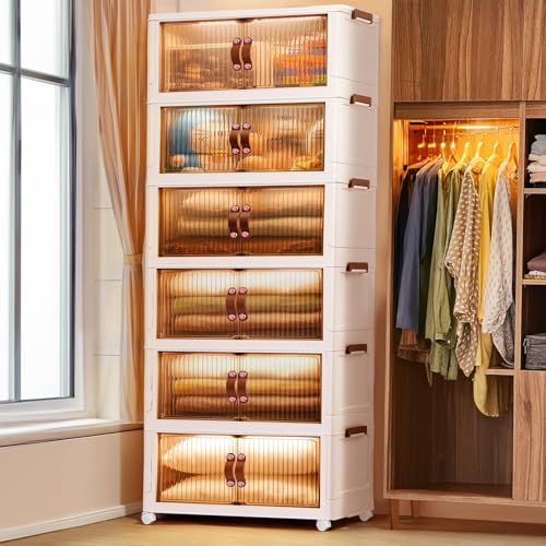 ABOUT SPACE Plastic Cupboard for Storage - 6 Tier DIY Foldable Cupboard with Door, Caster & Roller Wheels (L 48.5 x B 29 x H165cm)
