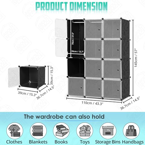ABOUT SPACE Collapsible Wardrobe - DIY 12 Cube Plastic Almirah for Clothes with Doors, 2 Clothes Hanger, Door Magnet & Hamer- Foldable Wardrobe for Storage for Home | Storage Organizer - Black