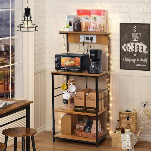 ABOUT SPACE 4 Tier Kitchen Rack with Plug Point (4.3 Ft) - Engineered Wood Floor Standing Storage Shelf with Sturdy Metal Frame L 2 x B 1.3 Ft - Wood Colour