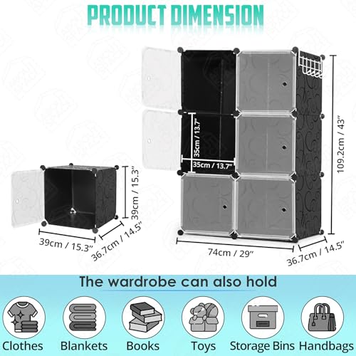 ABOUT SPACE Collapsible Wardrobe - DIY 6 Cube Plastic Almirah for Clothes with Doors, Side Hanger, Door Magnet & Hamer- Foldable Wardrobe for Storage for Home | Storage Organizer - Black