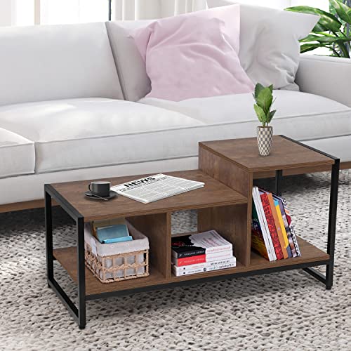 ABOUT SPACE Coffee Table with Storage - Space Saving Tipoy with 3 Storage Compartment, Metal Leg & Adjustable Footpad (Brown-L90xB40xH45 cm)