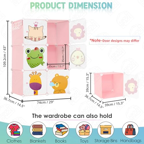 ABOUT SPACE Kids Wardrobe - DIY 6 Cube Kids Almirah with Cartoon Door, Side Hanger, Door Magnet & Hamer - Collapsible Baby Clothes Organizer for Bedroom | Storage for Baby Clothes Boys Girls - Pink