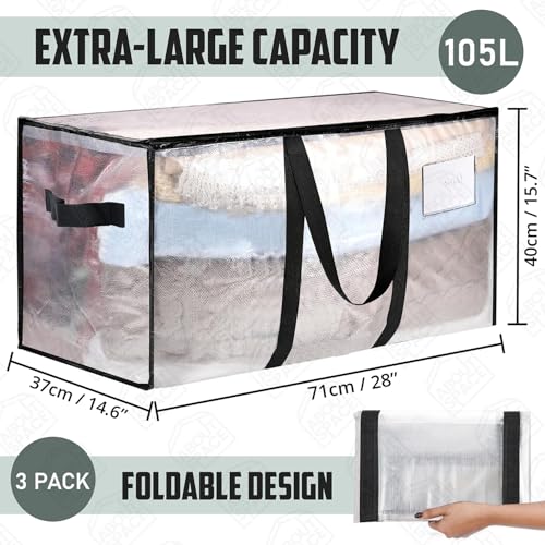 B0DP9FXH65 ABOUT SPACE 3 Pcs Extra Large Moving Bag 105 L Storage Bags for Clothes Large - PP Packing Bags for Shifting- Organizer Bag for Books, Blanket Cover Bag with Wrap Around Handles & Zipper - Transparent