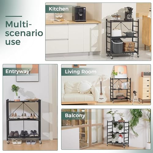 ABOUT SPACE Foldable Kitchen Storage Rack - 3 Tier (Black - L 75 x B 36 x H 85 cm)