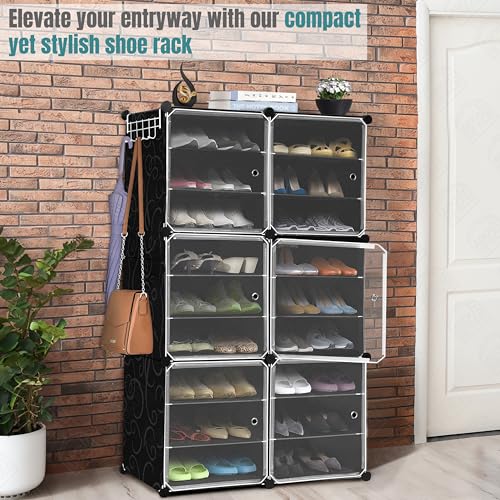 ABOUT SPACE Shoe Rack Organizer - 18 Layer Shoe Stand with Hanger & Door - DIY 36 Pair Portable, Expandable 2 Way (Vert/Horiz) Assembly 6 Cube Shoe Stand (Black)