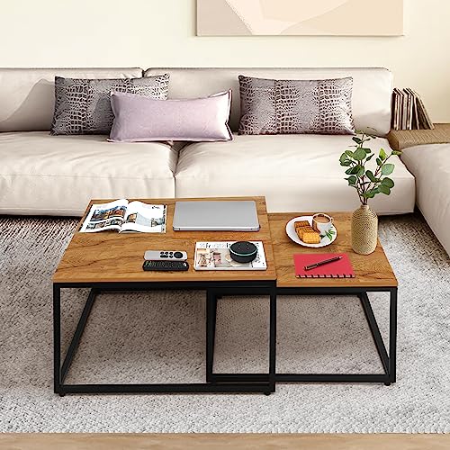 ABOUT SPACE Nesting Tables Set of 2 - Space Saving Table  with Metal Frame (Wood Colour - L 75 x B 75 x H 45 cm)