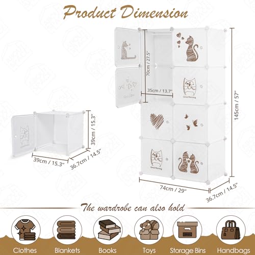 ABOUT SPACE Collapsible Wardrobe - DIY 8 Cube Plastic Almirah for Clothes with Printed Door Side Hanger Cloth Hanger Door Magnet & Hamer- Foldable Wardrobe for Storage for Home|Storage Organizer-White