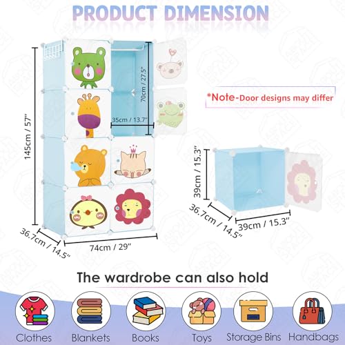 ABOUT SPACE Kids Wardrobe - DIY 8 Cube Kids Almirah with Cartoon Door, Side Hanger, Cloth Hanger, Door Magnet & Hamer - Collapsible Baby Clothes Organizer| Storage for Baby Clothes Boys Girls - Blue