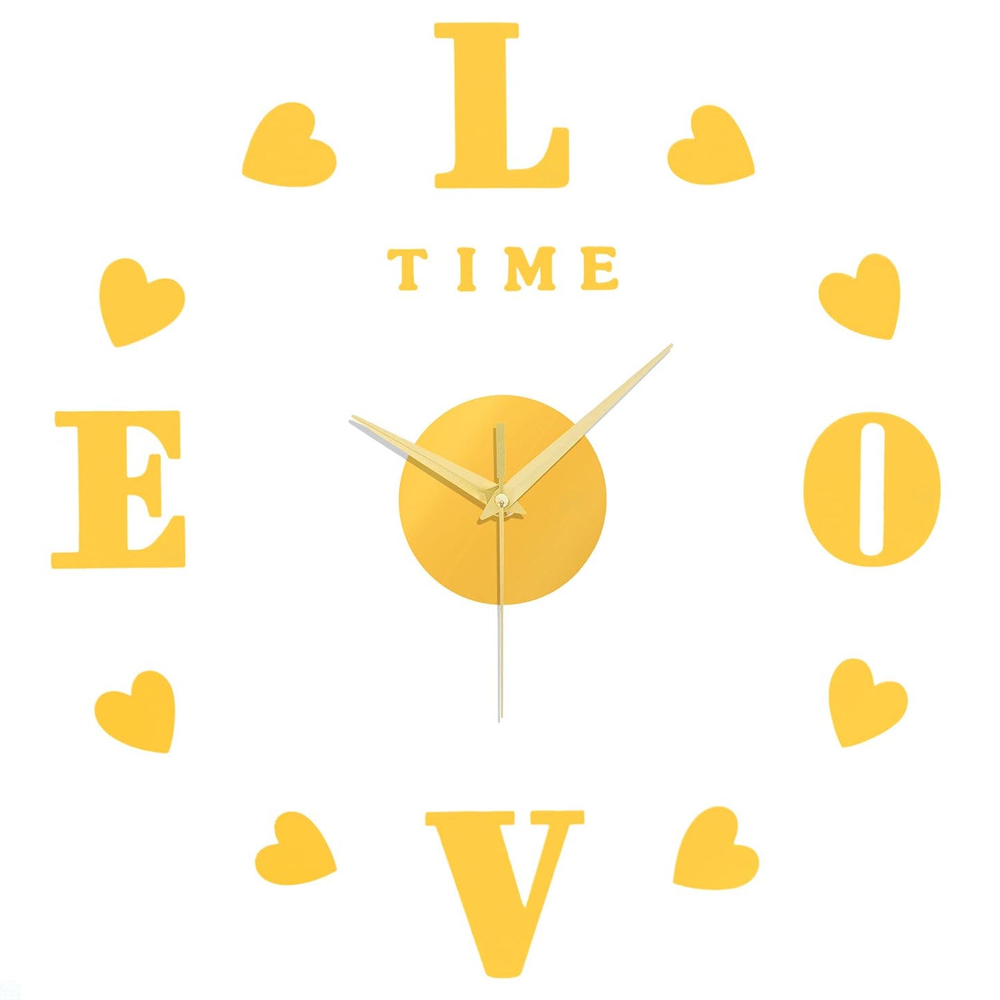 ABOUT SPACE Wall Clock - DIY Wall Sticker Clock Self Adhesive, Non-Ticking, Frameless, Acrylic Analog Watch Adjustable Size for Living Room, Bedroom, Office (Gold - Letters, Hearts)