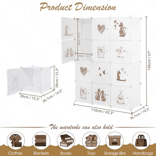 ABOUT SPACE Collapsible Wardrobe - DIY 12 Cube Plastic Almirah for Clothes with Printed Doors, 2 Clothes Hanger, Door Magnet & Hamer- Foldable Wardrobe for Storage for Home | Storage Organizer - White