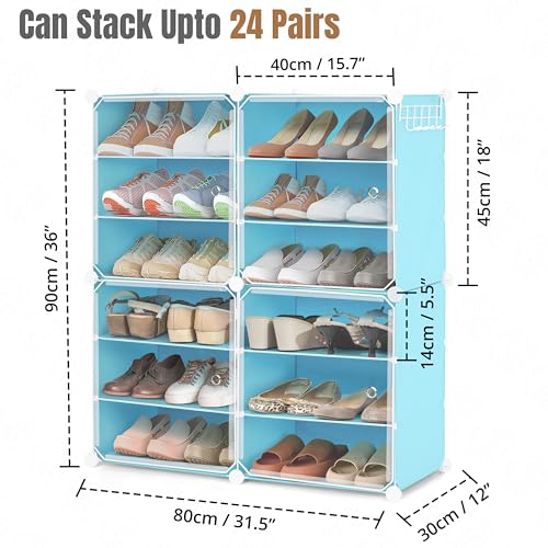 ABOUT SPACE Shoe Rack Organizer - 12 Layer Shoe Stand With Hanger & Door - DIY 24 Pair Portable, Expandable 4 Cube Shoe Stand (Blue)