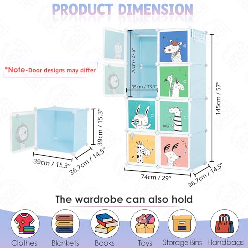 ABOUT SPACE Kids Wardrobe - DIY 8 Cube Kids Almirah with Cartoon Print Door, Side Hanger, Cloth Hanger, Door Magnet & Hamer - Collapsible Baby Clothes Organizer | Storage for Clothes Boys Girls - Blue