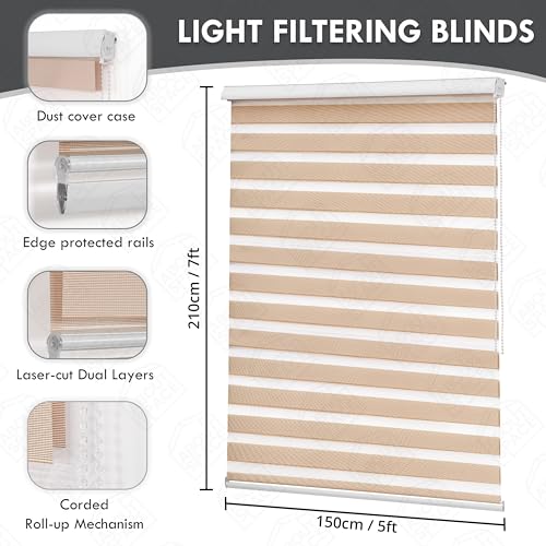 ABOUT SPACE Window Blinds - 5 x 7 ft Zebra Roller Blinds for Windows for Light Filtering, Privacy, UV Protection Corded Roll Up Curtain Window Shades for Home, Office, Living Room Kitchen - Brown