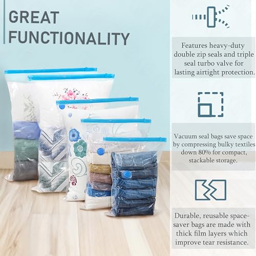 ABOUT SPACE 10 Pack Vacuum Bags for Travel with Hand Pump (2-X Jumbo/2 Jumbo/2 Large/2 Medium/2 Small)