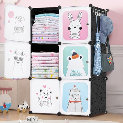 ABOUT SPACE Kids Wardrobe - DIY 6 Cube Kids Almirah with Cartoon Door, Side Hanger, Door Magnet & Hamer - Collapsible Baby Clothes Organizer for Bedroom | Storage for Baby Clothes Boys Girls -Black