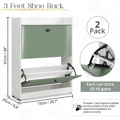 ABOUT SPACE Shoe Rack for Home - 3ft 4 Tilt Out Door Semi-UV Gloss Laminate DIY Engineered Wood Shoe Cabinet - Anti-tip Protection Removable Adjustable Panels for 25-30 Pairs - Green & White