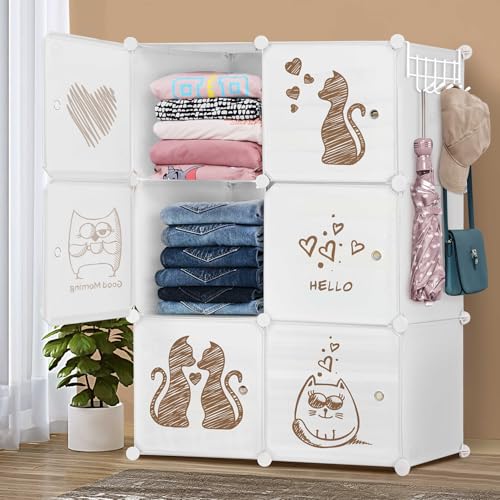 ABOUT SPACE Collapsible Wardrobe - DIY 6 Cube Plastic Almirah for Clothes with Printed Doors, Side Hanger, Door Magnet & Hamer- Foldable Wardrobe for Storage for Home | Storage Organizer - White