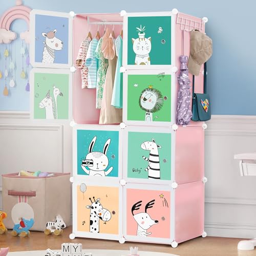 ABOUT SPACE Kids Wardrobe - DIY 8 Cube Kids Almirah with Cartoon Print Door, Side Hanger, Cloth Hanger, Door Magnet & Hamer - Collapsible Baby Clothes Organizer | Storage for Clothes Boys Girls - Pink