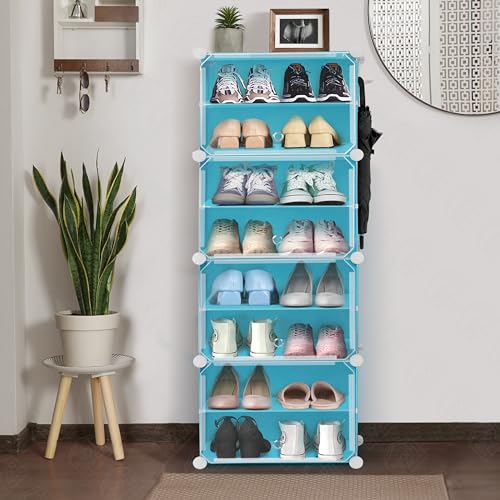 ABOUT SPACE Shoe Rack Organizer - 8 Layer Shoe Stand With Hanger & Door For Home - DIY 12 Pair Portable Expandable 4 Cube Shoe Stand For Boots Heels Slipper Stand For Women Men Outdoor (Blue) Plastic