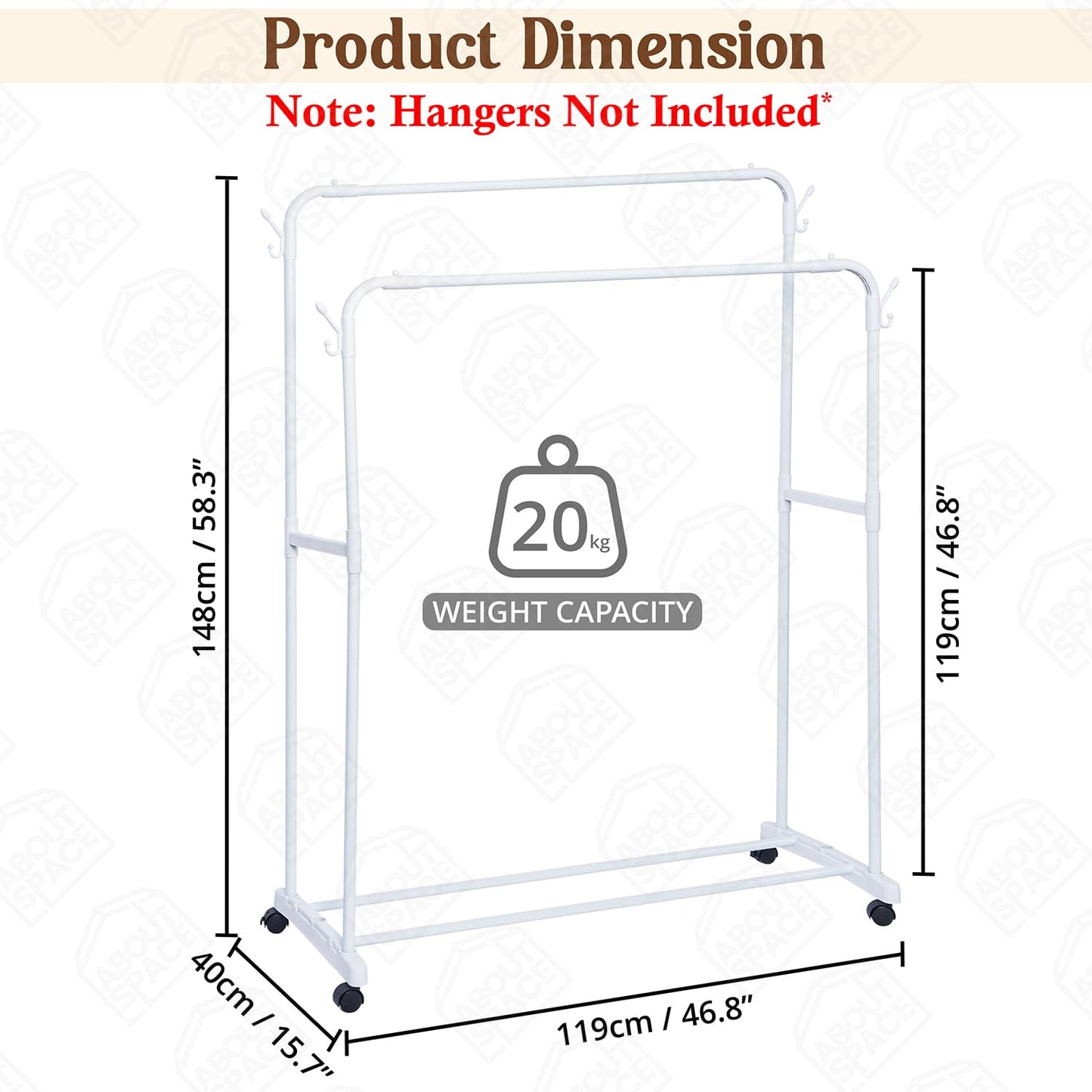 ABOUT SPACE Three Column Cloth Stand - Freestanding Metal Garment Rack with 8 Fabric Shelves & Side Hooks - Cloth Rack for Bedroom, Living Room, Walkin Closet (Black L 161.5 x B 35 x H 176 cm)