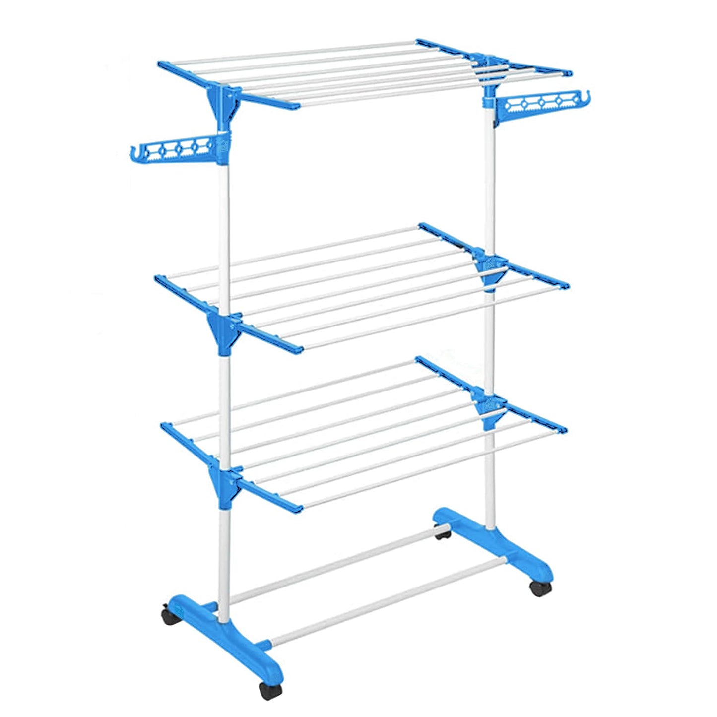 ABOUT SPACE 6 ft Clothes Drying Stand - 3 Layer Foldable Cloth Dryer Stand, Portable with Castor Wheels, 24 Hanger Rods & 2 Wings - Anti Rust Steel Sturdy Pole (Blue)