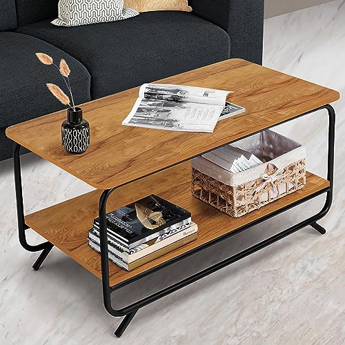 ABOUT SPACE Coffee Table - 2 Tier Space Saving Living Room Furniture with Metal Frame & Adjustable Bushes (Teak Color- L 92.5 x B 47 x H 48 cm)