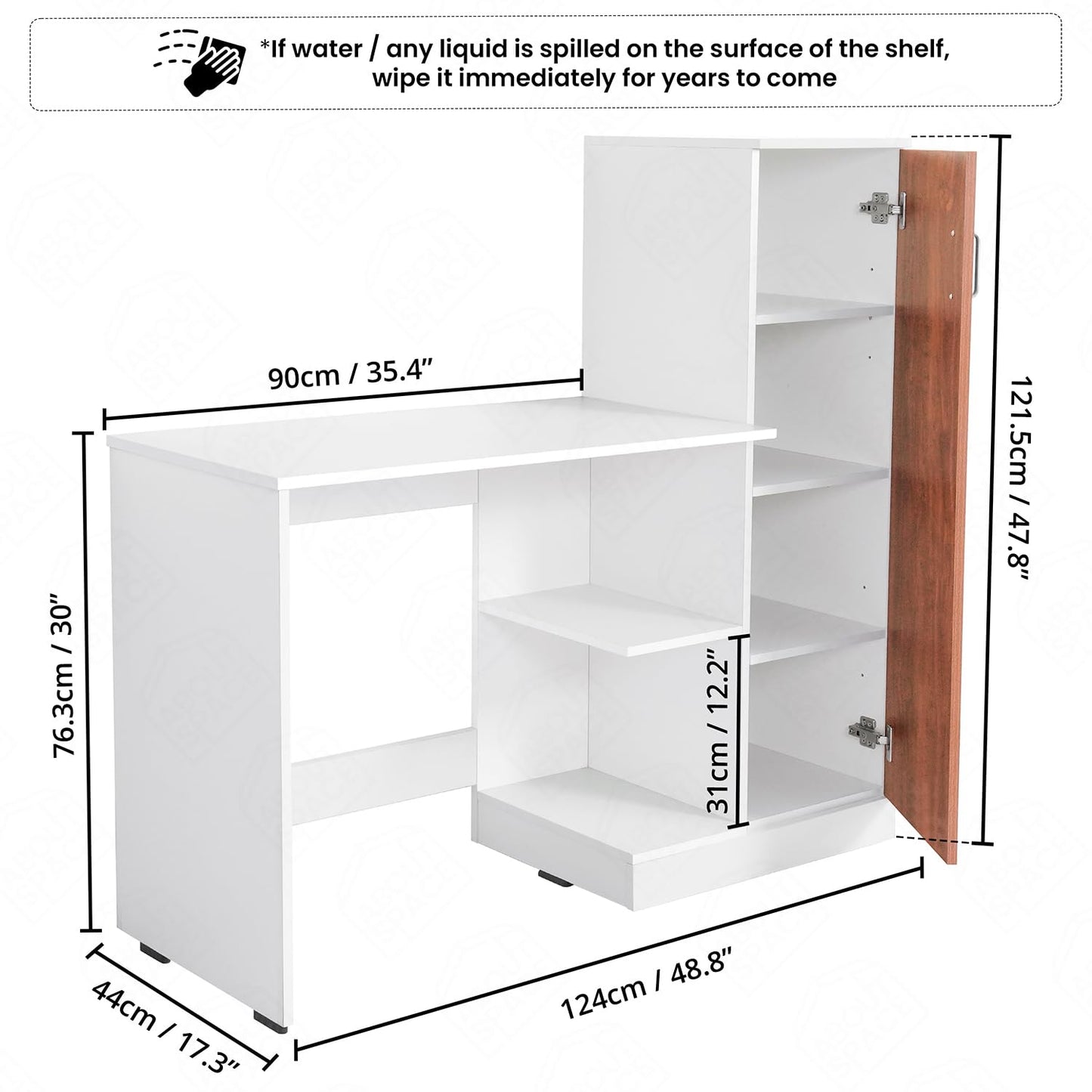 ABOUT SPACE Study Table with Cabinet - Computer Table with Bottom Storage Space DIY Engineered Wood Office Desk with Adjustable Shelves for PC Laptop Gaming (White, Oak Red - L 125 x B 45 x H 121.5cm)