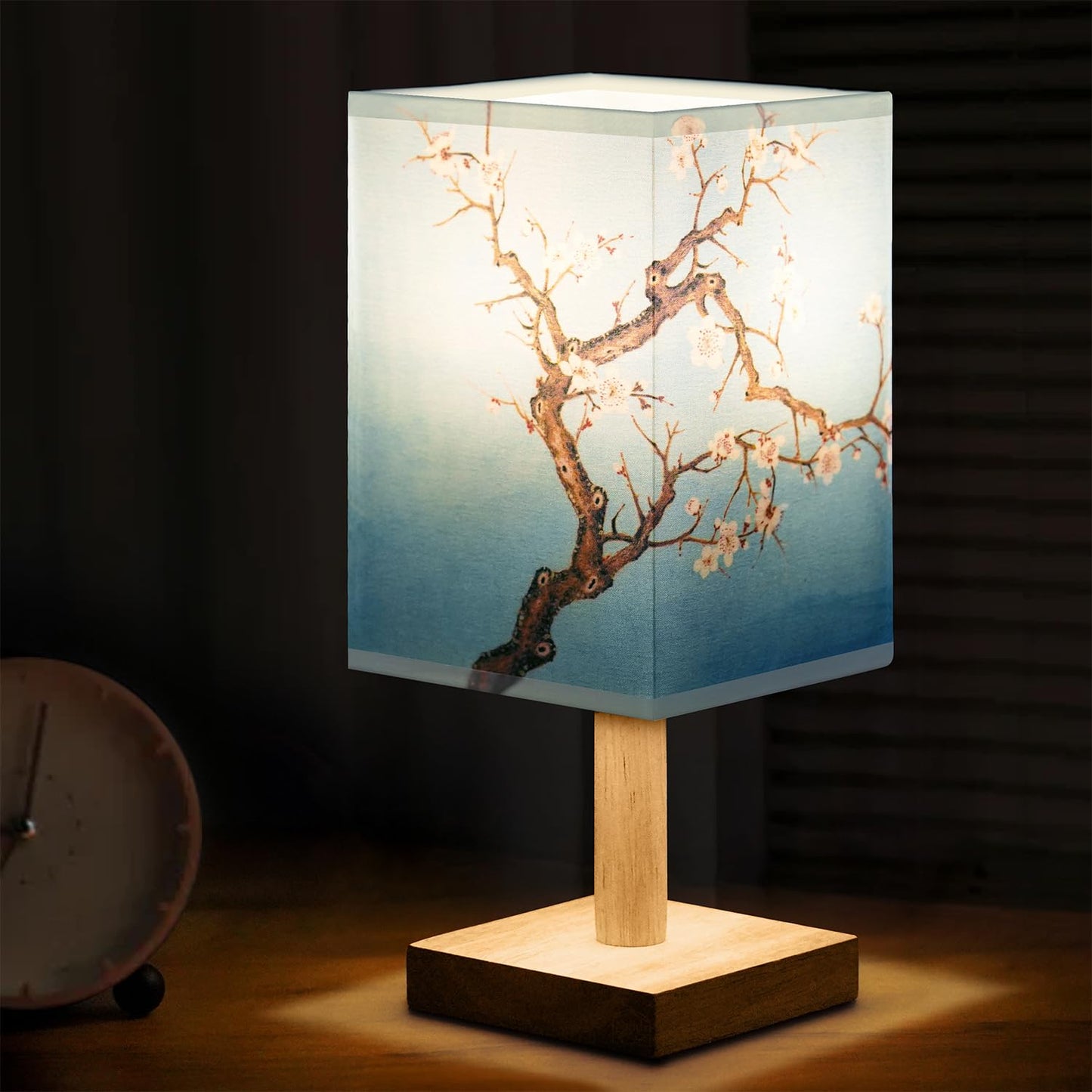 ABOUT SPACE Night Lamp - Magnolia Themed Bedside Reading Lamp with Wooden Base for Night, Bed Room, Living Room, Home & Decor- Square Lamp Shades for Living Room with Light (Bulb Included)