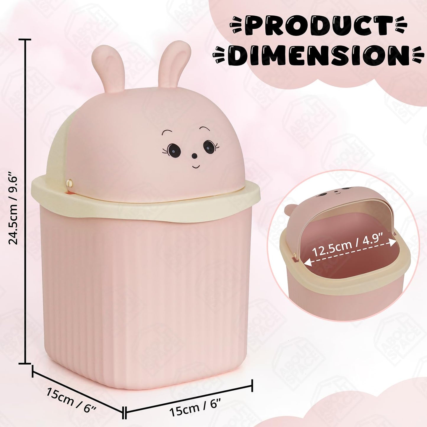 ABOUT SPACE Small Dustbin for Study Table - Mini Desktop Trash Can with Flip Lid - Garbage Bin for Office Bedroom Vanity - Bunny Shaped Small Size Table Dustbin (Pink - L 15 x B 15 x H 24.5 cm)