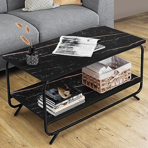ABOUT SPACE Coffee Table - 2 Tier Space Saving Living Room Furniture with Metal Frame & Adjustable Bushes (Black Marble-L 92.5 x B 47 x H 48cm)