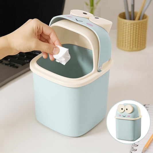 ABOUT SPACE Small Dustbin for Study Table - Mini Desktop Trash Can with Flip Lid - Garbage Bin for Office Bedroom Vanity - Big Eye Frog Shaped Small Size Table Dustbin (Blue - L15.5 x B15.5 x H 23 cm)