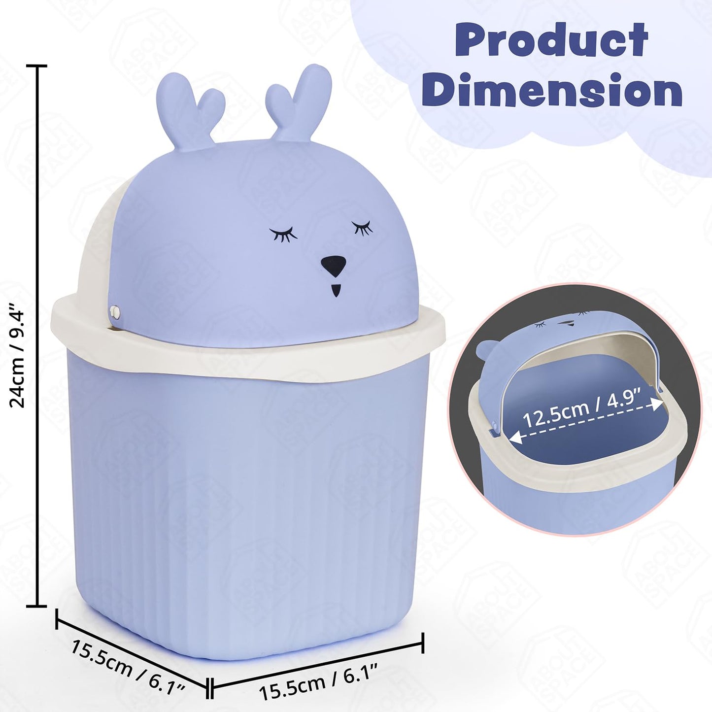 ABOUT SPACE Small Dustbin for Study Table - Mini Desktop Trash Can with Flip Lid - Garbage Bin for Office Bedroom Vanity - Reindeer with Antlers Small Table Dustbin (Purple - L15.5 x B15.5 x H24cm)